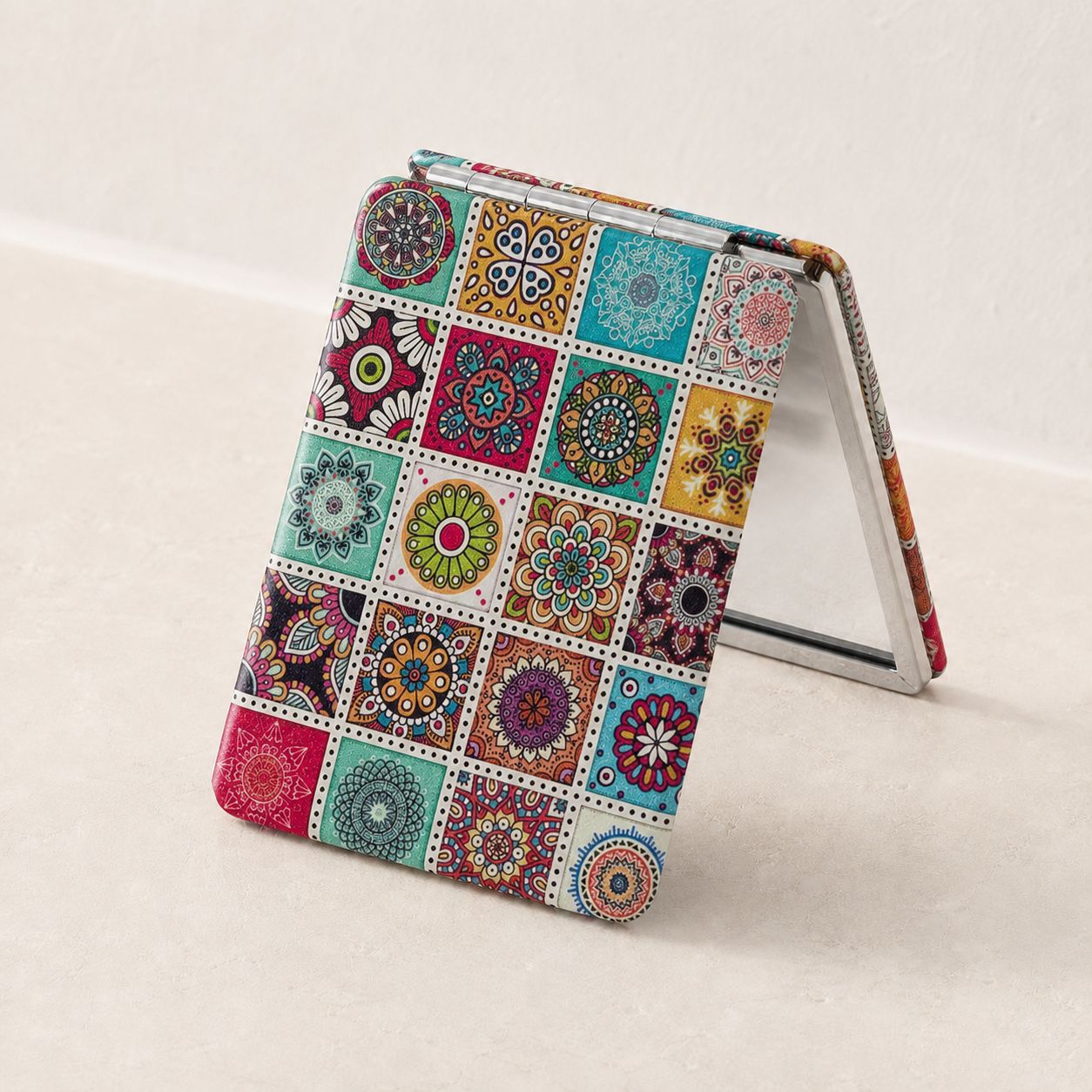 Miroir de poche bohème - Motif Fleuri Double Face Pliable