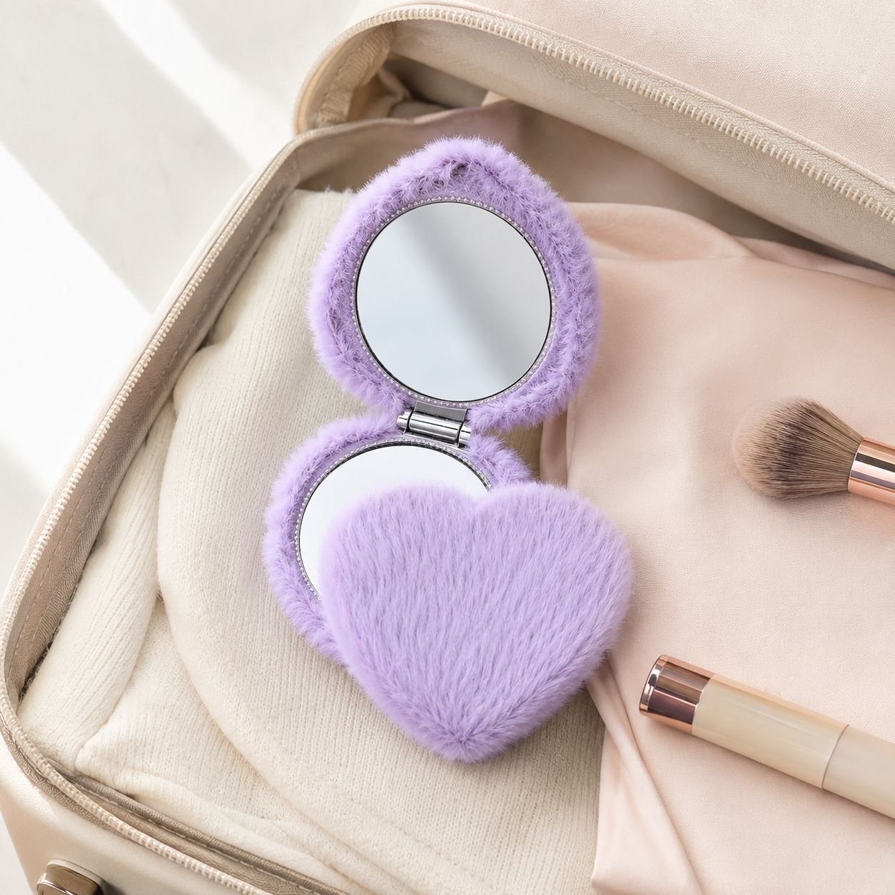Miroir de poche cœur - Fourrure Double Face Voyage