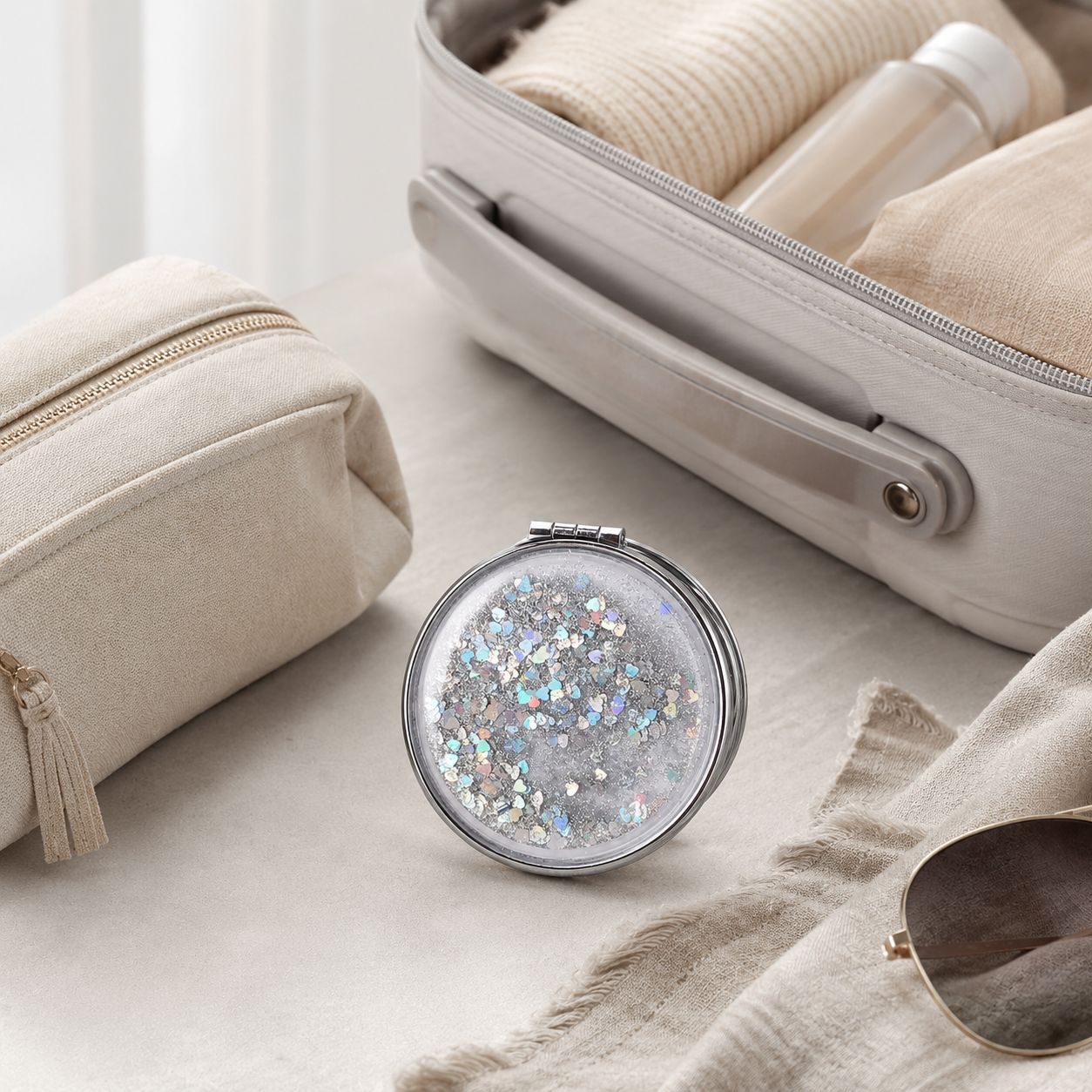 Miroir de poche rond - Paillette Zoom Voyage Pratique