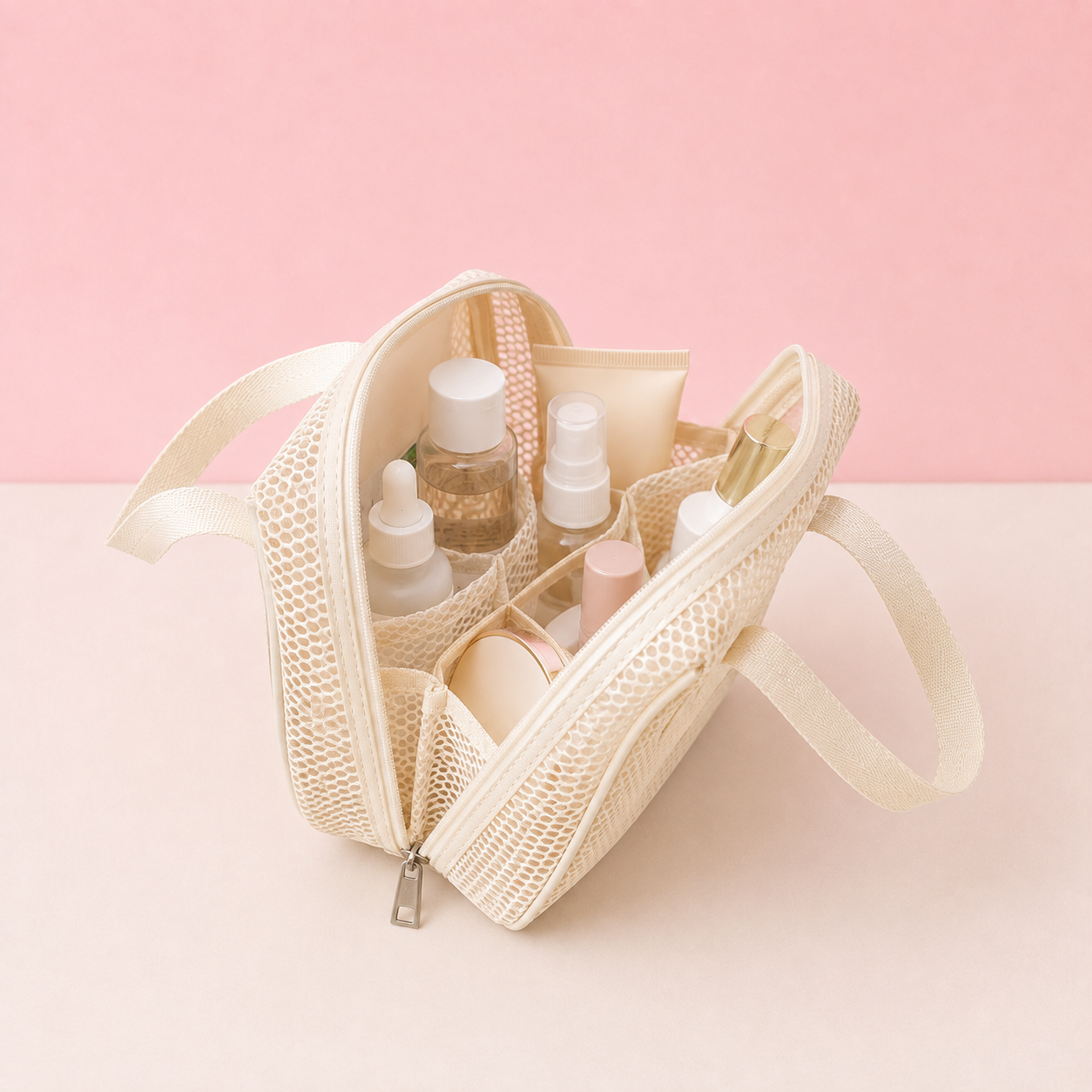 Trousse de maquillage - Organiseur en maille avec poignée