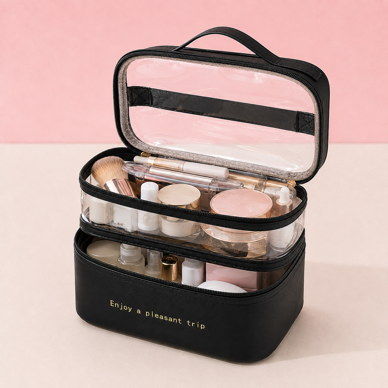 Trousse de maquillage double niveau - Rangement chic et spacieux