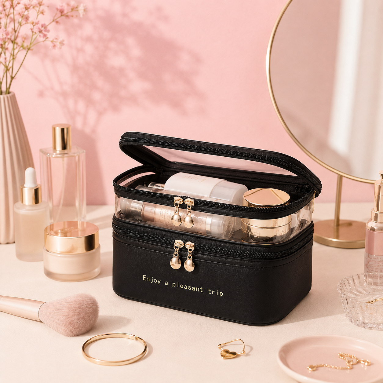 Trousse de maquillage double niveau - Rangement chic et spacieux